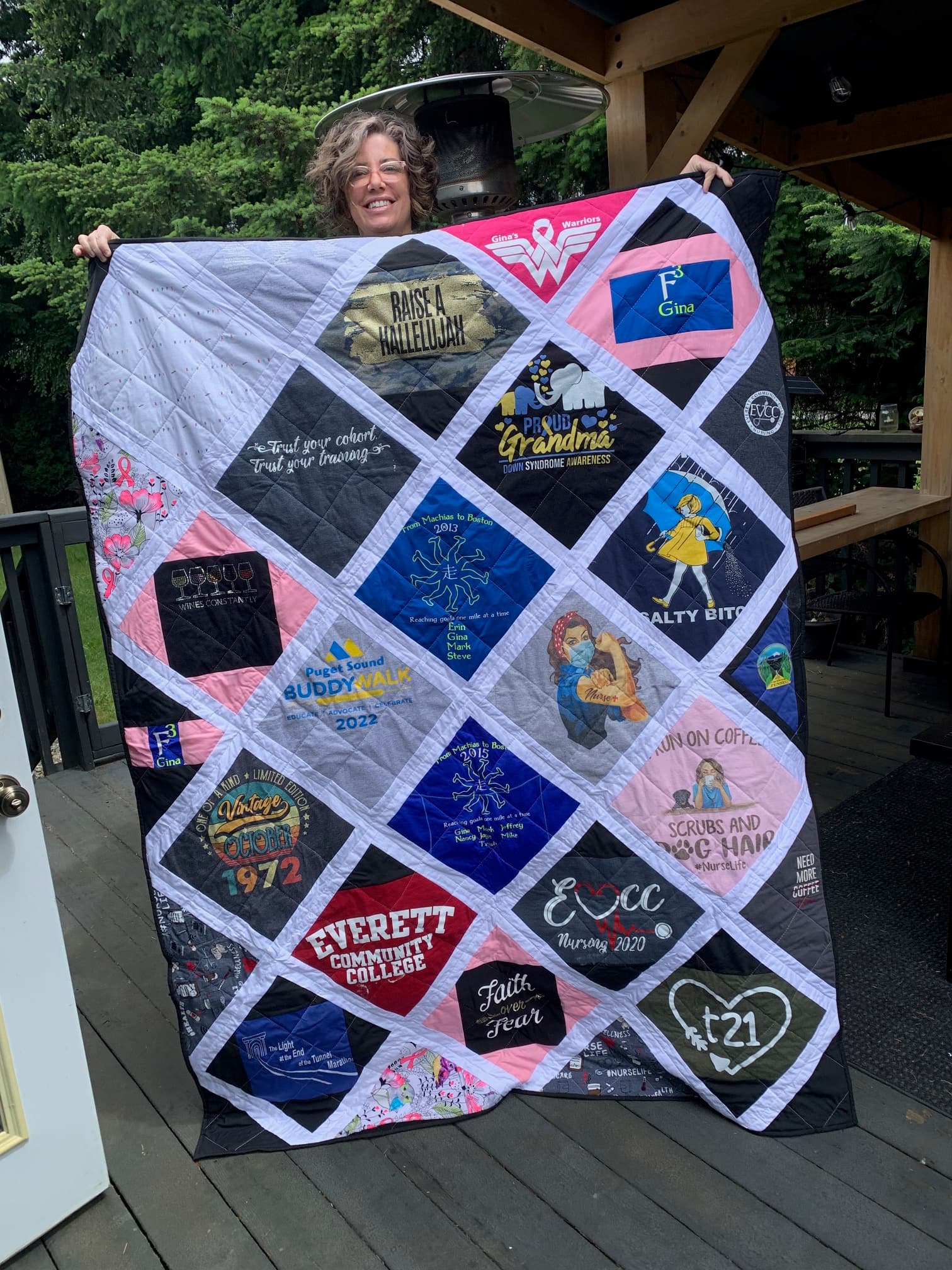 Diamond lattice memory quilt with meaningful t-shirts